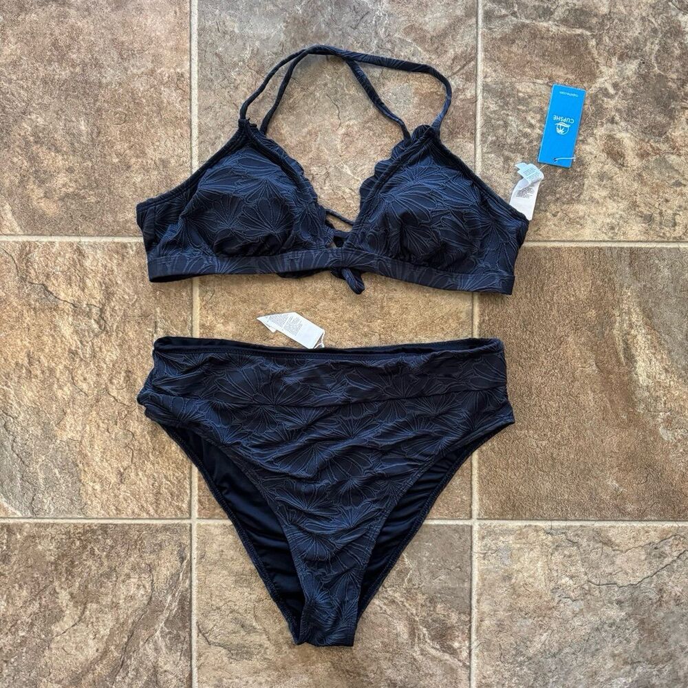Cupshe Black Floral Jacquard Scalloped Bralette & High Waist Bikini Set Large